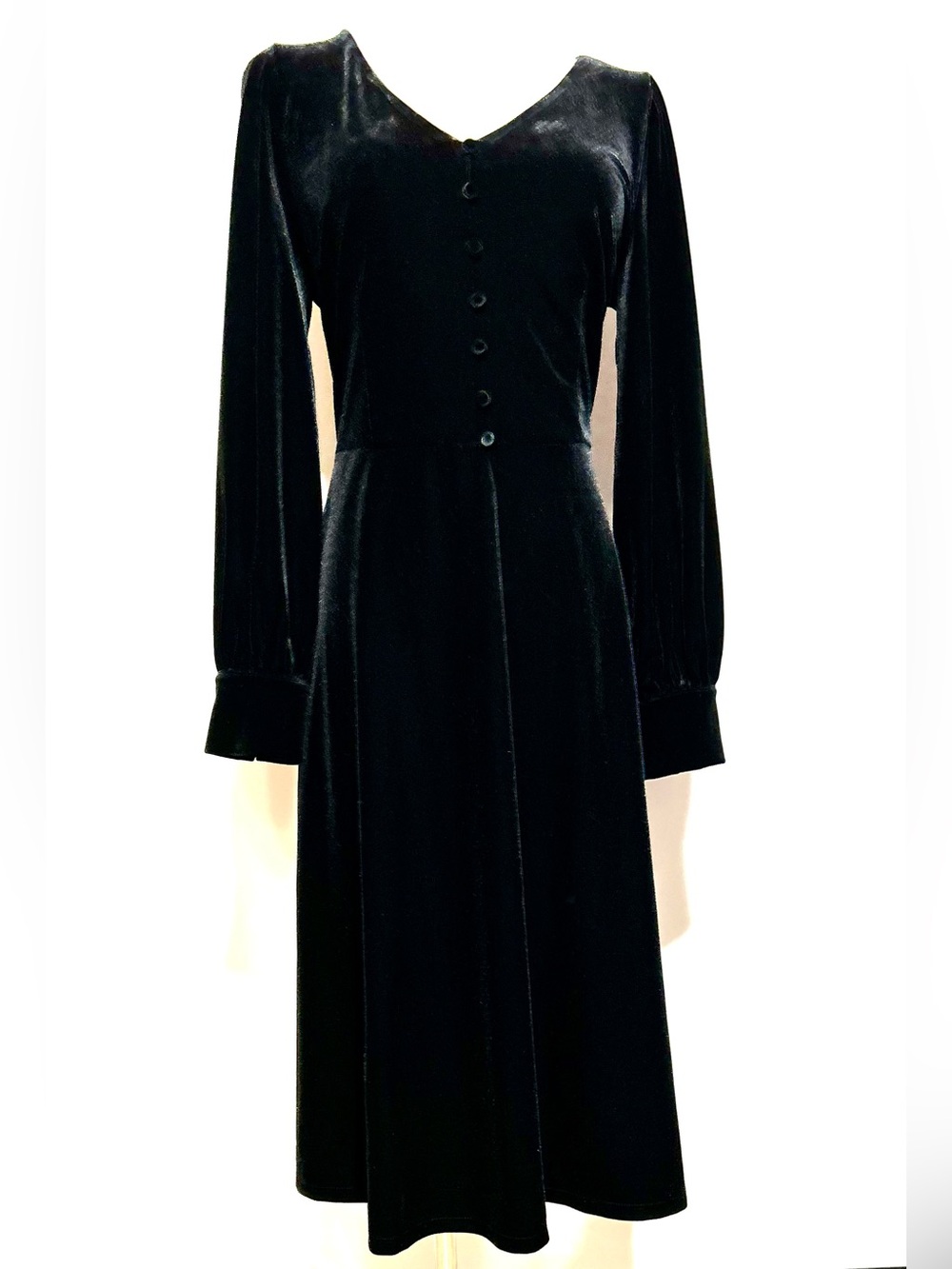 Talbots Black Velvet Long Sleeve Button-Front Dress